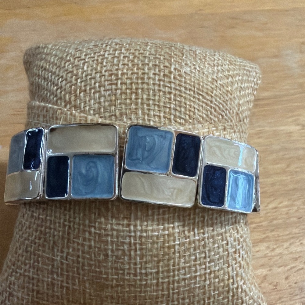 Blue Cream Geometric Enamel Mosaic Silver Tone Stretch Panel Bracelet Mosaic